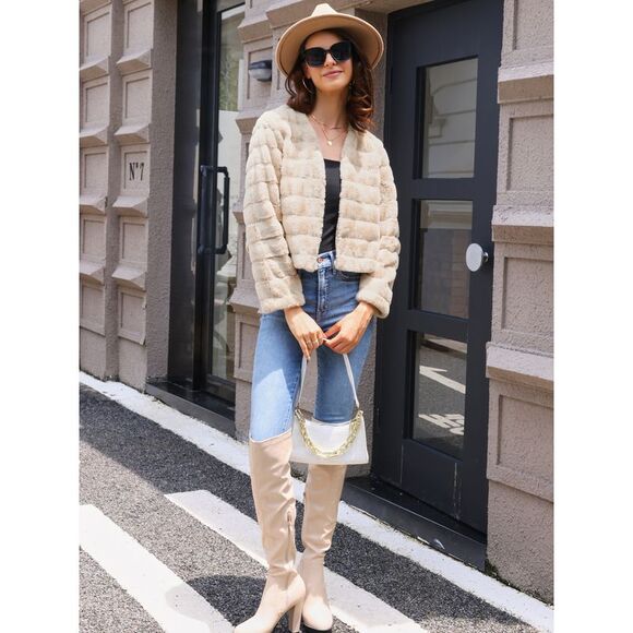 Winter Warm Cropped Jacket Collarless Faux Fur Fluffy Coat Apricot - Picture 2 of 5